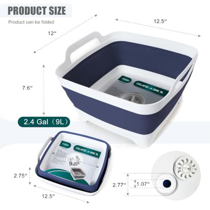 FOSJGO Collapsible Dish Basin with Drain Plug, Foldable Sink, 2.4 Gal (9L) - color: Navy blue