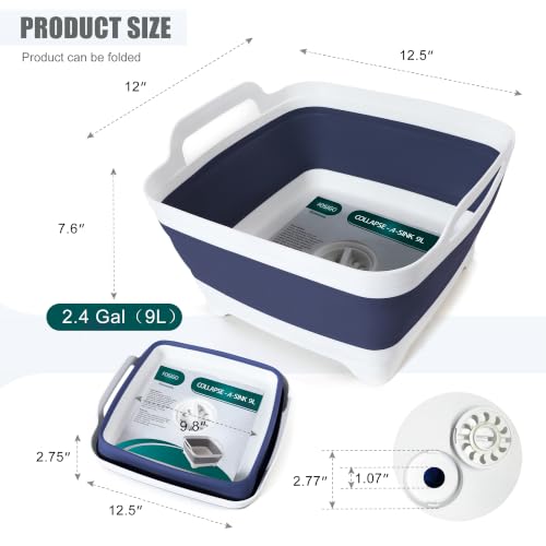 FOSJGO Collapsible Dish Basin with Drain Plug, Foldable Sink, 2.4 Gal (9L) - color: Navy blue