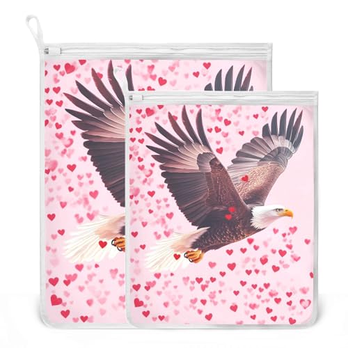 Mesh Laundry Bags Lingerie Bags for Washing Delicates 2 PCS Durable Wash Bag with Zipper Small and Medium Washable Bald Eagle and Pink Hearts - color: Bald Eagle and Pink Hearts