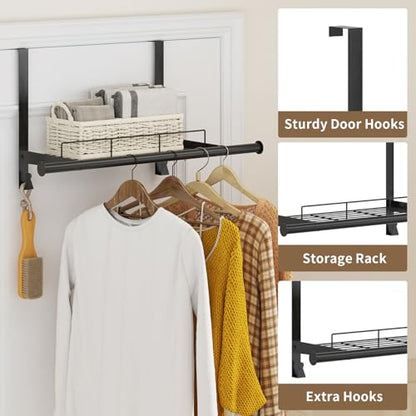 Over The Door Hanger with Storage Rack and 2 Hooks, Metal Over The Door Hanger for Clothes, Clothing Rod Drying Racks for Laundry, Bedroom, Bathroom, Living Room,Office,Fits Door Up to 1.77" - size: 24.8inch(L)