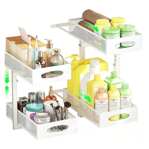 2-Pack Under Sink Organizer, 2-Tier Pull Out Cabinet Storage, White - color: White