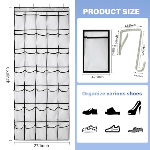 35 Pocket Over Door Shoe Organizer with 4 Metal Hooks（White） - color: white, size: 66.9" x 27"