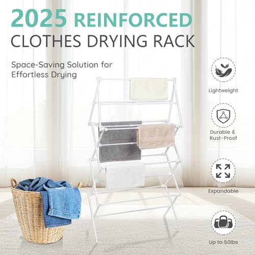 ZOES HOMEWARE 4 Tier Clothes Drying Rack Foldable | Foldable Clothing Drying Rack | Laundry Drying Rack Collapsible for Laundry Room, Dorm, Expandable Sturdy Metal Design | White 29"L x 11.5"W x 53"H - color: White