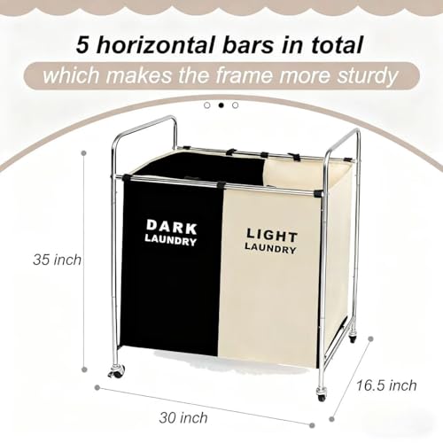 Laundry Cloth Hamper Sorter Basket Bin Foldable 3 Sections with stainless steel Frame Washing Storage Dirty Clothes Bag for Bathroom Bedroom Home Storage Basket (Black+white, 2 Liner) - color: Black+white, size: 2 Liner