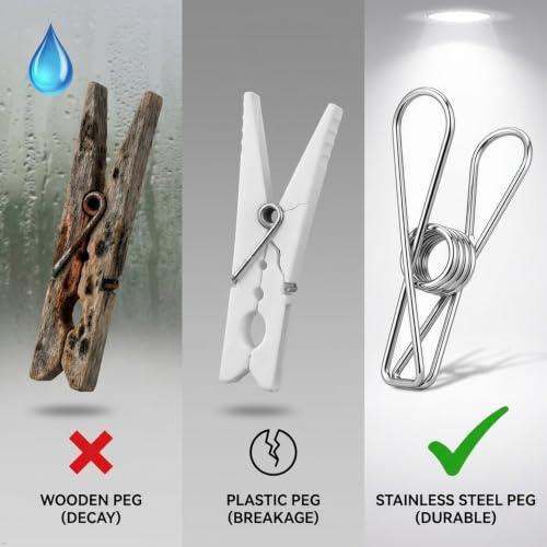 20 Pack Heavy Duty Stainless Steel Clothes Pins with Storage Bag, 3.4 Inch Large Wire Clothespins for Outdoor Laundry and Line Drying, 2.5mm Thick Rust-Resistant Metal Clips for Clothes and Bags