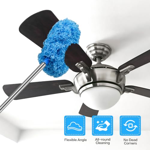 Ceiling Fan Cleaner Duster Reusable Microfiber Ceiling Fan Blade Cleaner Removable Duster with Extension Pole Adjusts 13 to 49.7 Inch for Cleaning Walls Bookshelves Furniture Door Window Top (Blue) - color: Blue