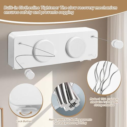 Retractable Clothesline Indoor, Non-Sagging Outdoor Clothes Line Retracting, 16.7 Ft Heavy Duty Clothes Drying Laundry Line, Wall Mounted Stainless Steel Clothesline for Balconies (Double line-White) - color: Double Line-white