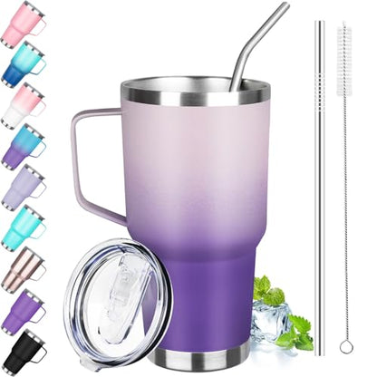 30 oz Tumbler with Handle, Stainless Steel Insulated Tumbler with Lid and Straw, Double Wall Vacuum Coffee Mug Tumbler, Insulated Coffee Thermal Cup for Cold and Hot (Light Dark Purple) - color: Light Dark Purple, size: 30 Ounces