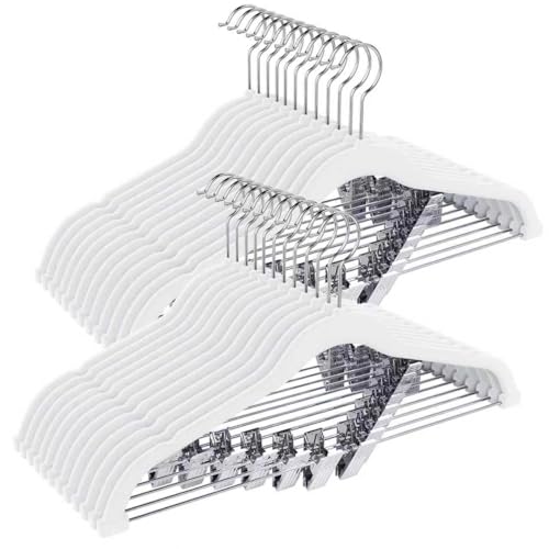 Korpai 24-Pack White Velvet Hangers with Clips Adjustable,Outfit Hangers,Heavy-Duty,Non-Slip,Space Saving, Felt Hanger for Pants, Skirts, Suits,Coats, Dresses ect. - color: White