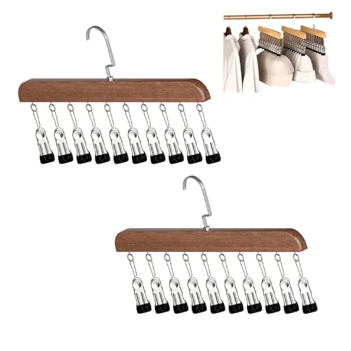 Pants Hangers with 10 Clips,Space Saving Cap Organizer for Closet,Wooden Legging Hangers 2 Pack,360° Rotating Hanging Closet Organizer for Pants, Skirts and Socks Storage(Set of 2,Vintage) - color: Vintage*2