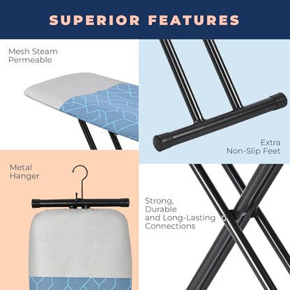 Ironing Board, Compact and Space Saver Foldable Iron Board, Safety Ironing with Park Zone and 3 Layers Extra Thick Cover, Adjustable Height, Easy Storage with Smart Hanger and Lightweight Design - color: Blue, size: 13"x43"