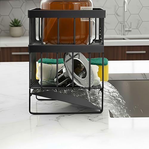 Kitchen Sink Organizer Caddy, 2 Tier Sink Caddy Organizer with High Brush Holder, Rust-Proof Countertop Rack (Black 10.6 * 4.3 * 5.7") for Kitchen Accessories & Dish Brushes