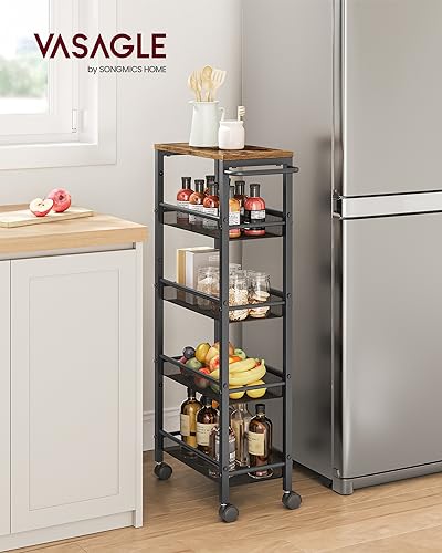 VASAGLE 5-Tier Slim Rolling Storage cart with Wheels, 8.7 Inches, Metal - color: Rustic Brown + Classic Black, size: 5 Tiers (8.7"D x 39.2"H)