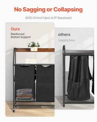VEVOR 2 Tiers Laundry Sorter, Tall Laundry Hamper with Metal Frame and Wooden Tabletop, 2 Section Rolling Basket Organizer Storage with Ladder Shelves and 600D Oxford Cloth Bags for Dirty Clothes - style: 2 Tiers