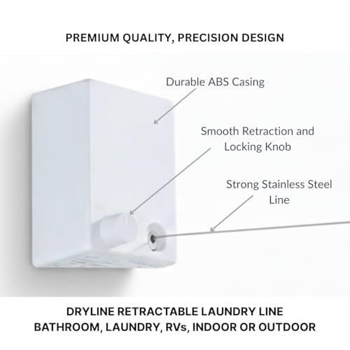 Dryline Retractable Clothesline, White, Indoor Outdoor Wall Mounted Drying Rack, 15kg Weight Capacity, 4.2m Length, for Laundry Room, RV, Bathroom