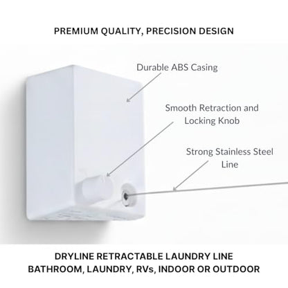 Dryline Retractable Clothesline, White, Indoor Outdoor Wall Mounted Drying Rack, 15kg Weight Capacity, 4.2m Length, for Laundry Room, RV, Bathroom