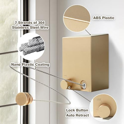Retractable Clothesline, Retractable Clothesline Indoor, Laundry Line Retractable, Not Sagging, Suitable for Balconies, Courtyards, Laundry Rooms, RVs, Yachts, etc - color: Gold