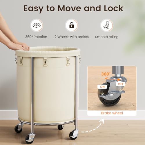ELYKEN 190L Laundry Basket with Wheels, Steel Frame, Removable Bag, Cream - color: Cream, size: 190L