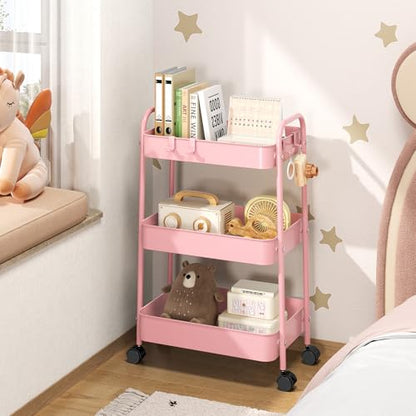 TOOLF 3 Tier Rolling Cart, Metal Utility Storage Cart with Wheels, Pink | 4 Hooks, Lockable Wheels, Trolley Organizer for Bathroom, Kitchen, Office, Nursery, Dorm, Laundry Room