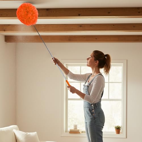 Extendable Feather Duster Telescopic Dust Remover for Home Office Car Furniture High Ceiling Cleaning Multi Purpose Tool(Orange,Round Head) - color: Orange, size: 12.6 in