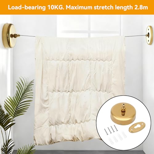 Retractable Clothesline, Stainless Steel Clothes Line Dryer with Adjustable Nylon Rope String, Wall Mounted Retractable Laundry Clothing Line Space Saving Drying Rack for Bathroom (Gold)