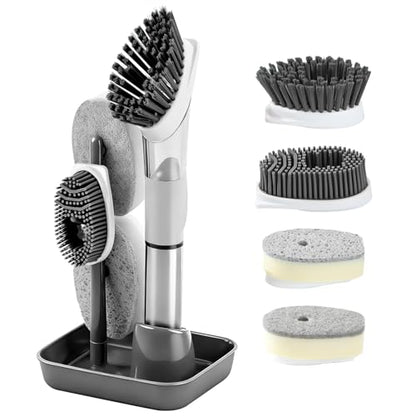 Soap Dispensing Scrub Brush - 4-in-1 Kitchen Cleaning Brush with Built-in Tank, Scraper Heads for Stubborn Grime on Pots Pans, Stand/Hang Storage-Grey - color: Gray