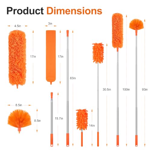Cobweb Duster with Extension Pole, Pole5-Piece Spider Web Brush with Pole Kit, 100" Telescoping Microfiber Feather Dusters for Cleaning, Bendable Washable Dusters for High Ceilings, Ceiling Fans