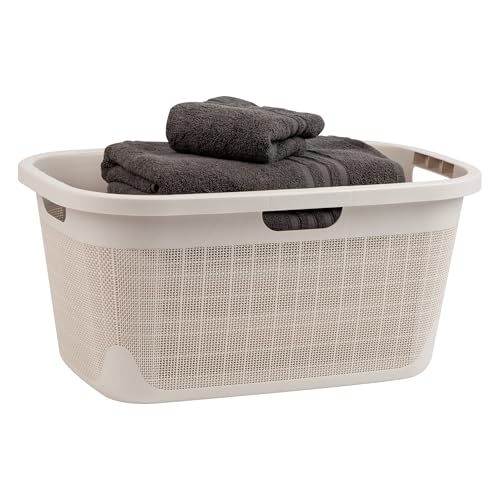 Mind Reader 40L Laundry Basket, Linen Design Clothes Hamper, Plastic Storage Bin with Handles, Ivory - color: Ivory