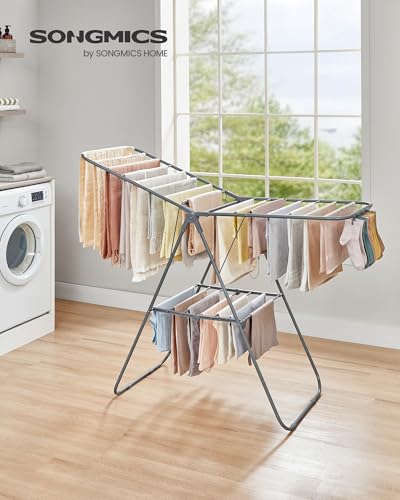 SONGMICS Clothes Drying Rack, Foldable Space-Saving Laundry Drying Rack - color: Gray, size: 1 Tier （21.7"d x 58.3"w x 39.4"h）