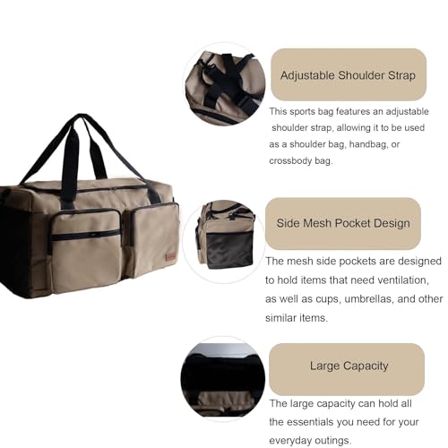 Travel Duffel Gym Bag Large Capacity Adjustable Strap Khaki Travel Unisex - color: Khaki