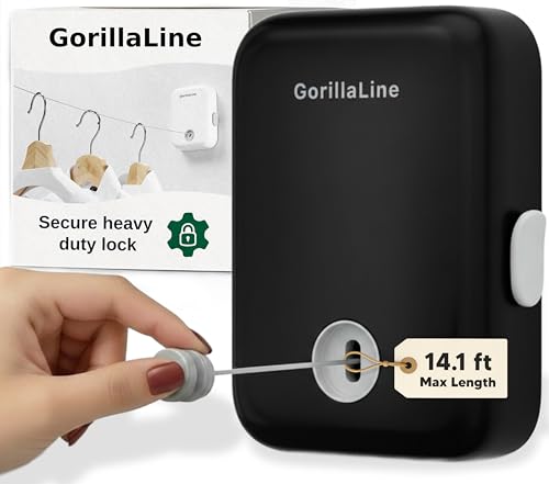 GorillaLine - Retractable Clothesline Indoor Outdoor Clothes Line - Heavy Duty Clothes Drying Laundry Line - Wall Mounted Drying Rack - Air Dry Clothing - color: Black