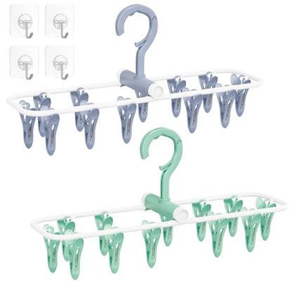 Clothes Drying Hanger with 12 Clips, 2 Pack Folding Portable Hanging Drying Rack,Drip Foldable Hanging Rack, 360° Rotatable Hook for Drying Towels Bras Baby Clothes Gloves Plastic(Blue&Green) - color: Blue and Green