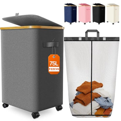 Laundry Hamper with Wheels, 75L Rolling Laundry Basket, Removable Inner Bag - color: Gray, size: 75L