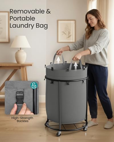 SONGMICS Laundry Basket with Wheels, Removable Liner Bag, 45 Gallon (170 L) - color: Slate Gray, size: 170L-Rolling Round