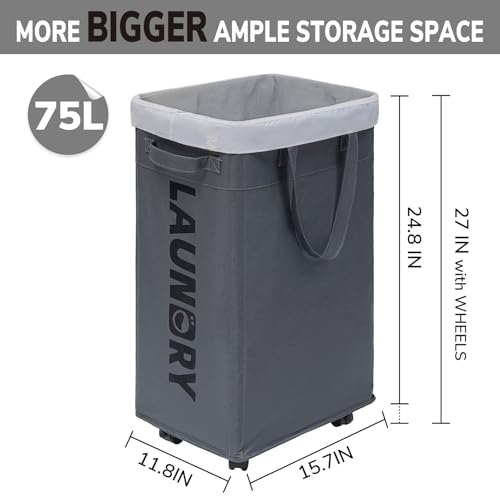 Goodpick 75L Laundry Basket with Wheels & Removable Wash Bag for Dorm - color: Grey 1-Pack