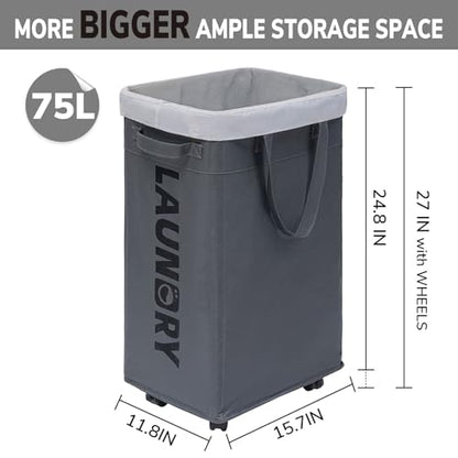 Goodpick 75L Laundry Basket with Wheels & Removable Wash Bag for Dorm - color: Grey 1-Pack