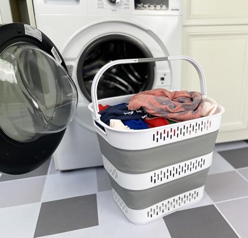SAMMART 40L (10.5 Gallon) Collapsible Plastic Laundry Basket with Handles - Foldable Pop Up Storage Container/Organizer - Portable Laundry Hamper - Space Saving (1, White/Grey) - color: White/Grey