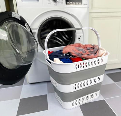 SAMMART 40L (10.5 Gallon) Collapsible Plastic Laundry Basket with Handles - Foldable Pop Up Storage Container/Organizer - Portable Laundry Hamper - Space Saving (1, White/Grey) - color: White/Grey