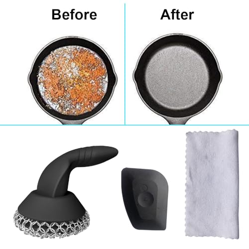 Cast Iron Scrubber with Pan Scraper & Towl, 316 Chainmail Scrubber with Long Handle, Upgraded Chain Mail Scrubber Cleaner for Grill Pan Skillet Wok Carbon Steel Dutch Oven Metal Brush (Black) - color: Black