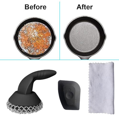 Cast Iron Scrubber with Pan Scraper & Towl, 316 Chainmail Scrubber with Long Handle, Upgraded Chain Mail Scrubber Cleaner for Grill Pan Skillet Wok Carbon Steel Dutch Oven Metal Brush (Black) - color: Black