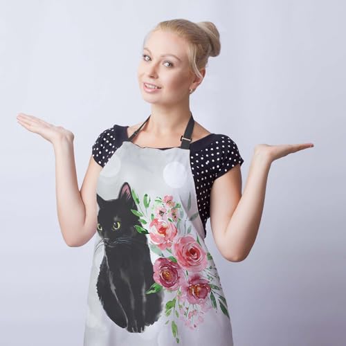 Cook Apron Women Black Cat and Watercolor Flower Mans Aprons for Grilling for Kitchen Cooking Restaurant BBQ Painting Crafting Gardening 27” (W) x 31” (H), Waterproof Aprons - color: Cat and Flower