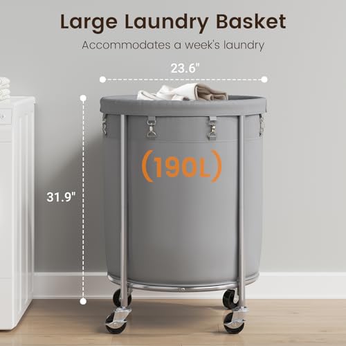 ELYKEN Laundry Basket with Wheels, Round Rolling Laundry Hamper, Gray - color: Gray, size: 190L