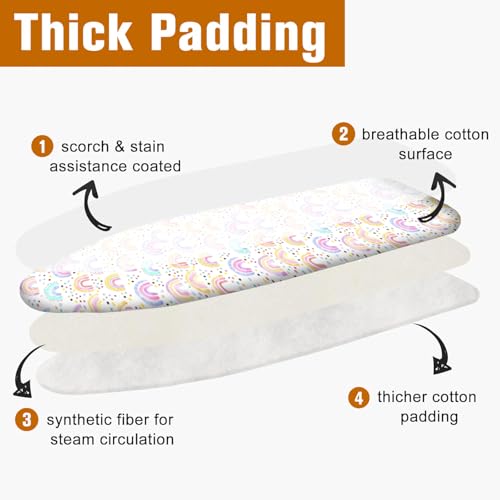 Cute Pink Boho Rainbow Colorful 15"x54" Ironing Board Cover with Padding Cotton Scorch and Stain Resistant Padding Standard Size Heavy Duty Thick Padding Heat Reflective - color: Pink/White