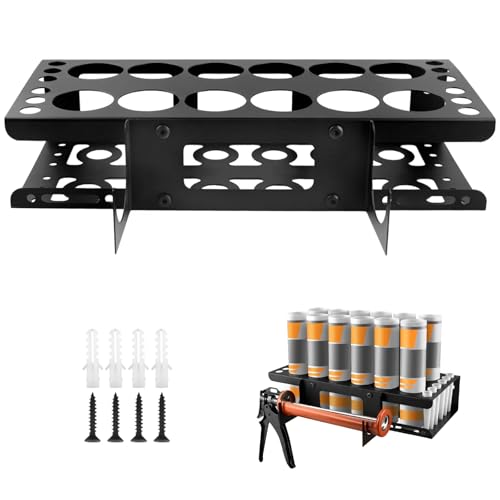 12 Slots Caulking Gun and Tubes Holder, Wall Mount Caulk Tubes Storage Rack, Metal Caulking Tools Organizer for Garage, Workshop, Work Van