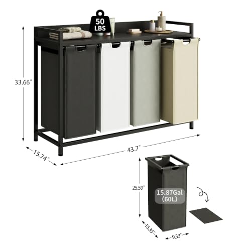Herture Laundry Hamper with Shelf, Laundry Basket 4 Section, Laundry Sorter with Pull-Out Removable Large 4 Color Bags and Movable Wheels, Metal Frame, 4 x 15.87 Gallons (60L), Black PF07XLK - color: Black + 4-Color, size: 4 Bags-240 L