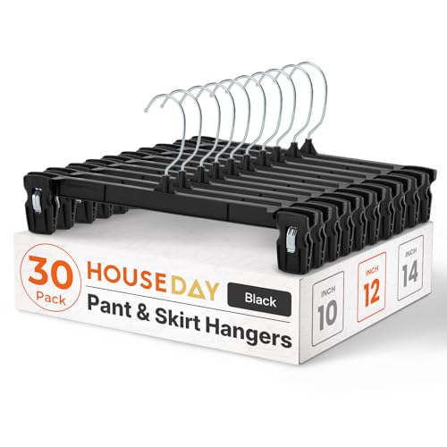 HOUSE DAY Black Pants Hangers with Clips 30 Pack, 12 Inch Skirt Hangers - color: 12"-black, size: 30 Pack