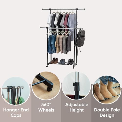 IRIS USA Portable Double-Rod Height Adjustable Clothes Rack with Extendable Bar and Lockable Wheels, Rolling Garment, Double Rod Wardrobe Rack, Easy Assemble, for Clothes, Belts, Shoes, and Bags - style: Double Extendable-Width Rods