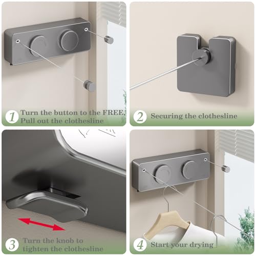 Danpoo Retractable Clothesline, Anti-Sag Adjustable Knob Heavy-Duty Clothes Line for Indoors/Outdoors with 2 * 13.8ft Stainless Steel Wire, Laundry Wall Drying Solutions, Gray - style: Grey