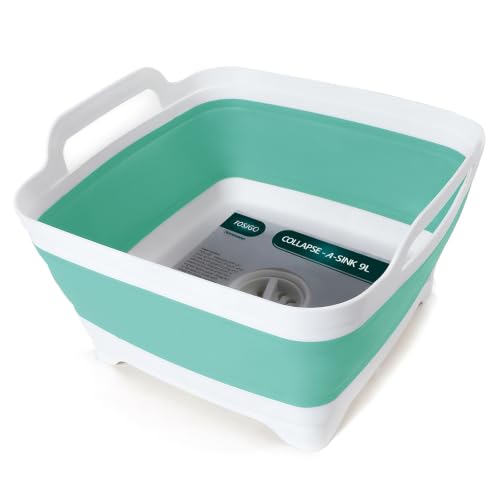FOSJGO Collapsible Dish Basin with Drain Plug, Foldable Sink, 2.4 Gal (9L) - color: Mint Green
