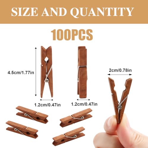 KIMOBER 100 Pcs Mini Wooden Clothespins,1.77 Inch Small Clothes Pins in Vintage Brown for Photos Crafts Scrap Booking Hanging Pictures DIY Decor and Gift Wrap - color: Vintage Brown